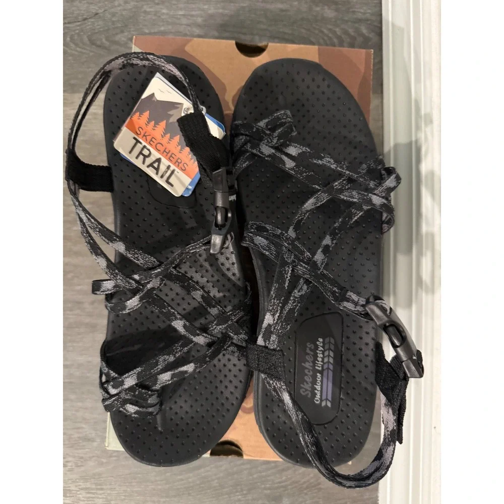 Skechers Reggae Positive Space Women 8 Black Trail Sandals 163595/BLK Vegan NEW